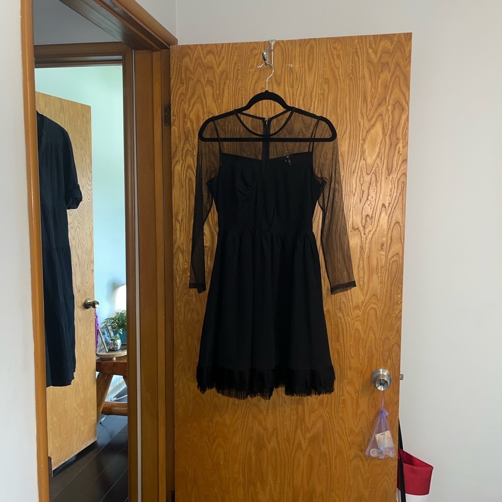 RYU Anthropology NWOT black mini dress w/sheer mesh long sleeves tulle hem Small